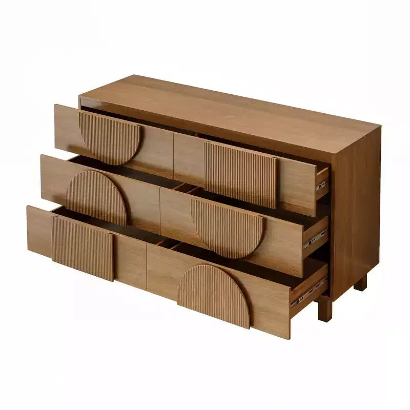 Moderne geometrische ladekast met 6 lades, brede opbergkast met halve cirkelaccenten voor slaapkamer en woonkamer