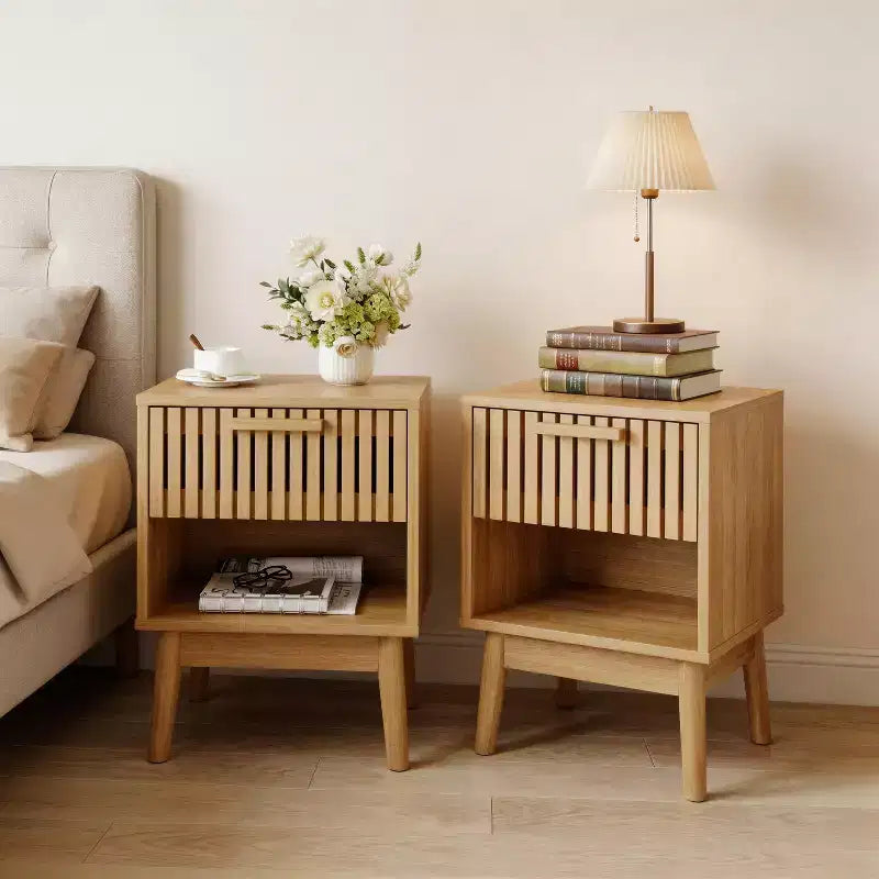 Set van 2 boho-nachtkastjes met gestreepte lade en open plank, compact houten nachtkastje, kleine bijzettafel voor slaapkamer en woonkamer