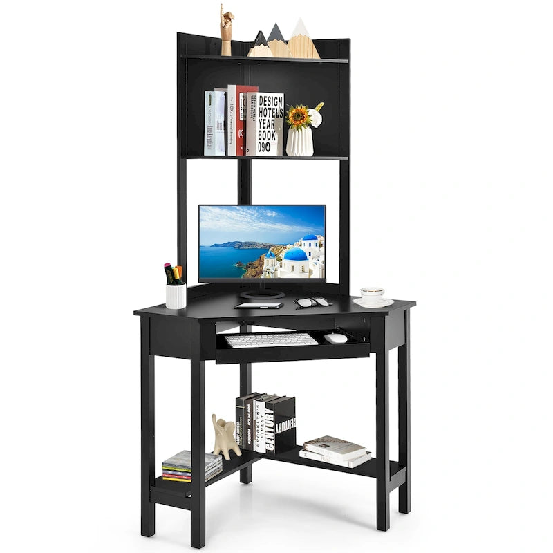 Hoekbureau met bovenkast Driehoekig hoekcomputerbureau met boekenkasten