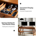 Mid-century Office Desk with Drawer Divider&Cable Management&Charging Station