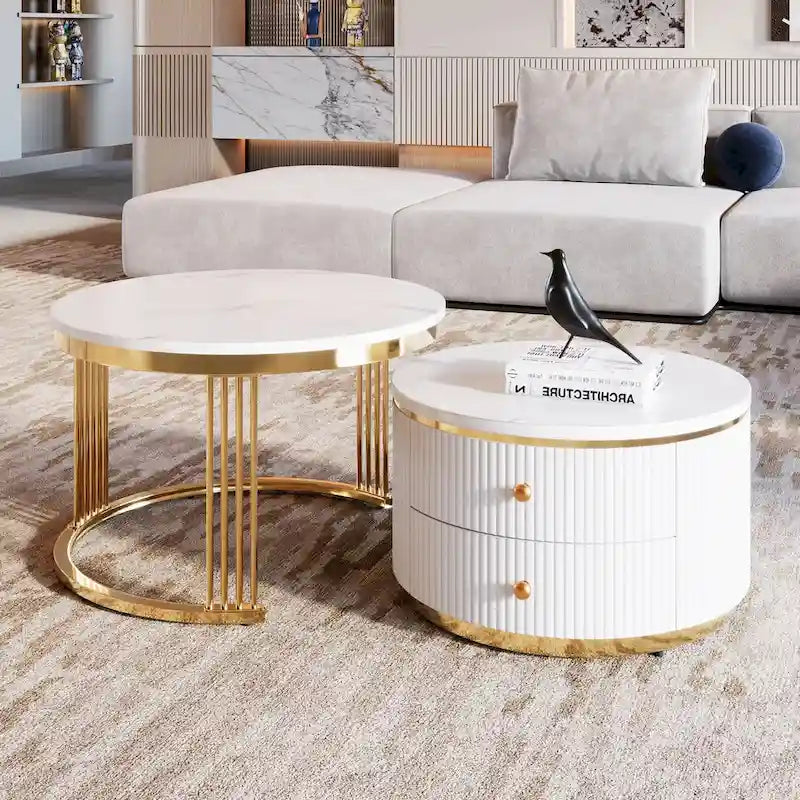 2-delige witte ronde koffietafelset met lades