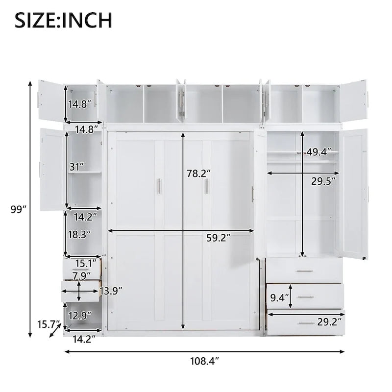 White Full Size Modern Murphy Bed with Drawers, Lockers, and Wardrobes