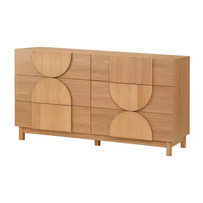 Moderne geometrische ladekast met 6 lades, brede opbergkast met halve cirkelaccenten voor slaapkamer en woonkamer