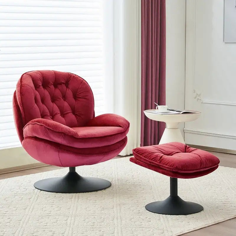 Velvet Swivel Accent Chair with Ottoman Round Reading Accent Chair Foot Stool Ottoman Set,360 Swivel,Metal Frame