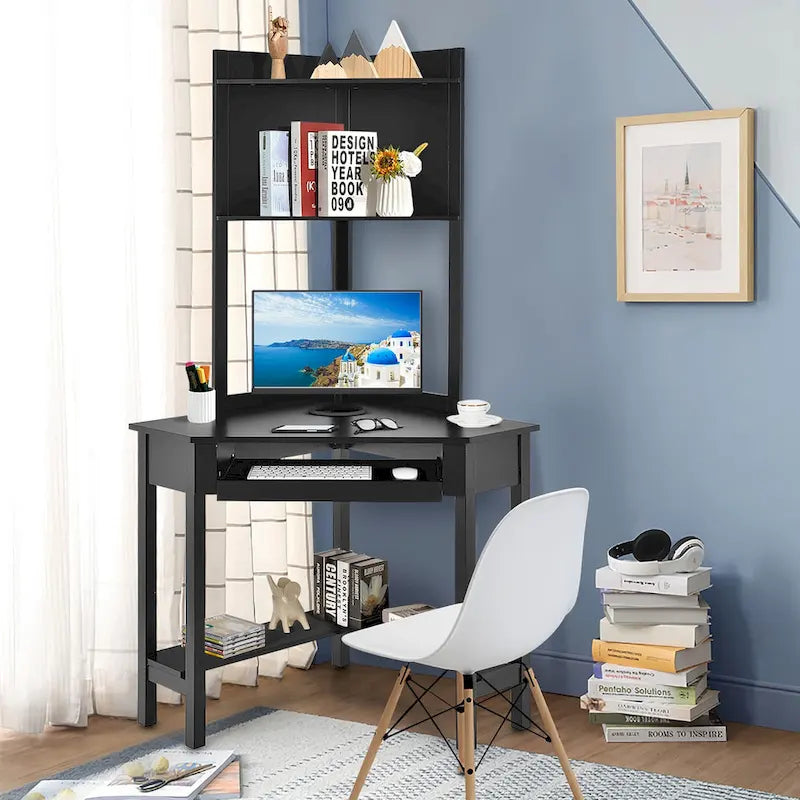 Hoekbureau met bovenkast Driehoekig hoekcomputerbureau met boekenkasten