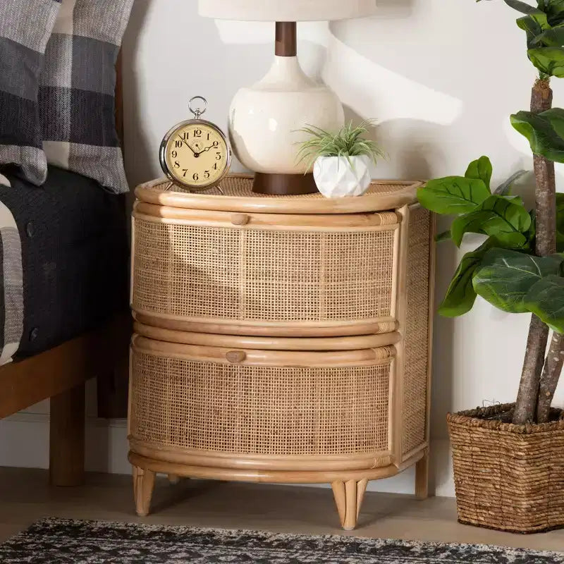 bali & pari Oleta Modern Bohemian Natural Brown Rattan 2-Drawer Nightstand