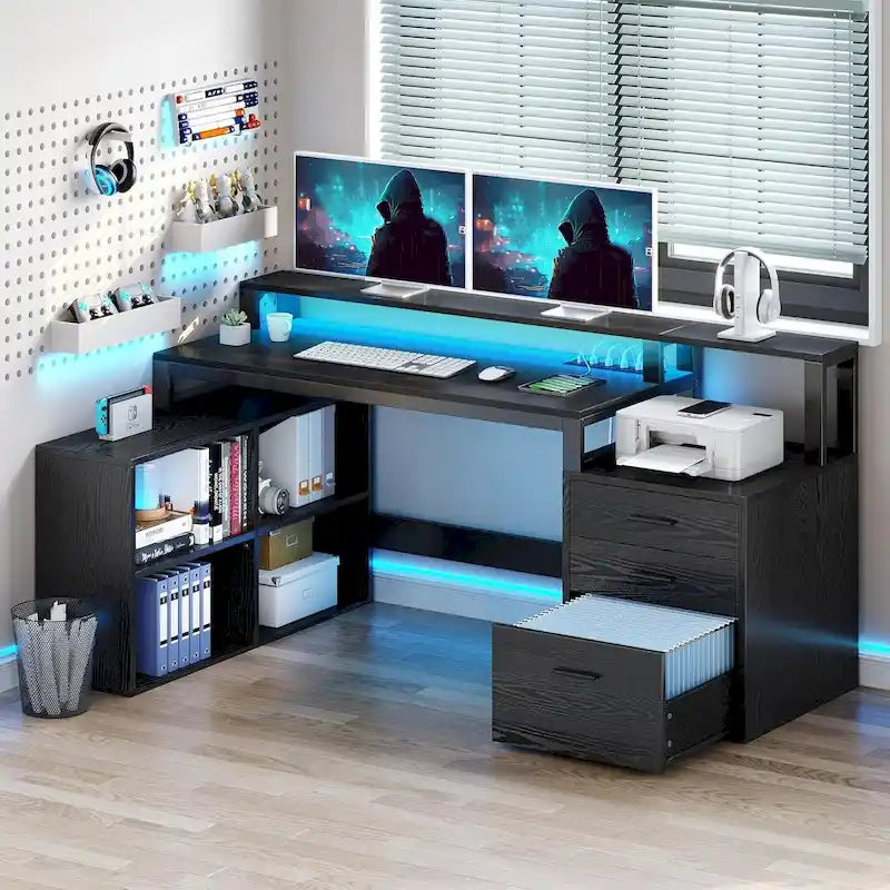 65 L-Shaped Corner Desk with RGB LED, Monitor Stand & Storage Cabinet ï¿?1-Person | White / Oak / Charcoal Grey / Black