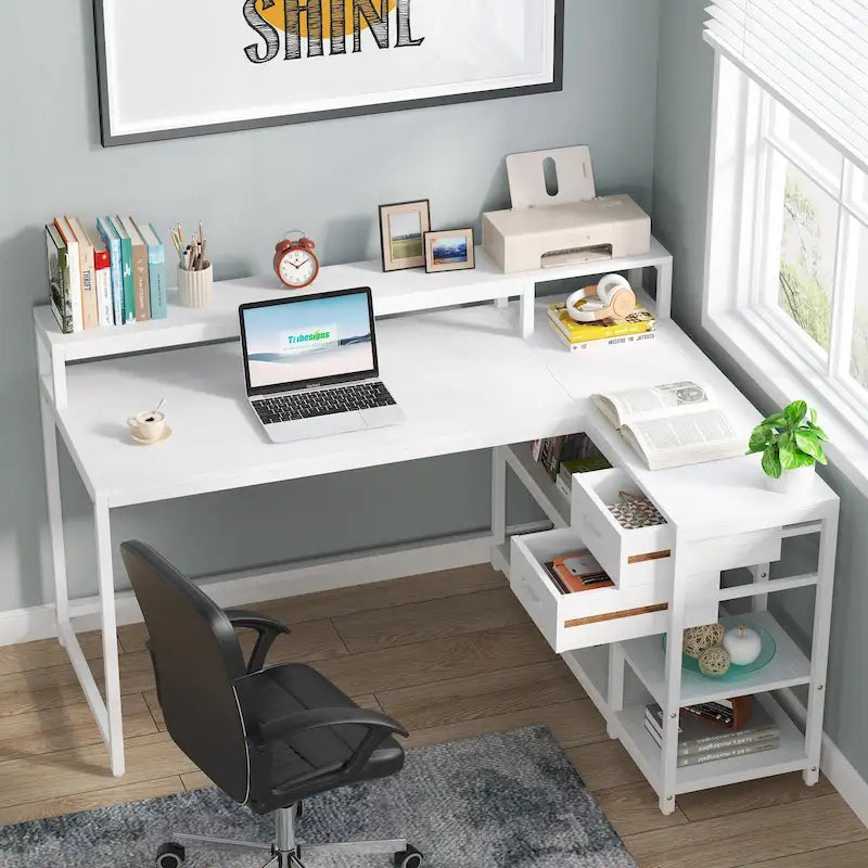 L-vormig bureau met lade, hoekbureau voor thuiswerkplek met opbergplanken en monitorstandaard, rustiek pc-bureau voor kleine ruimtes