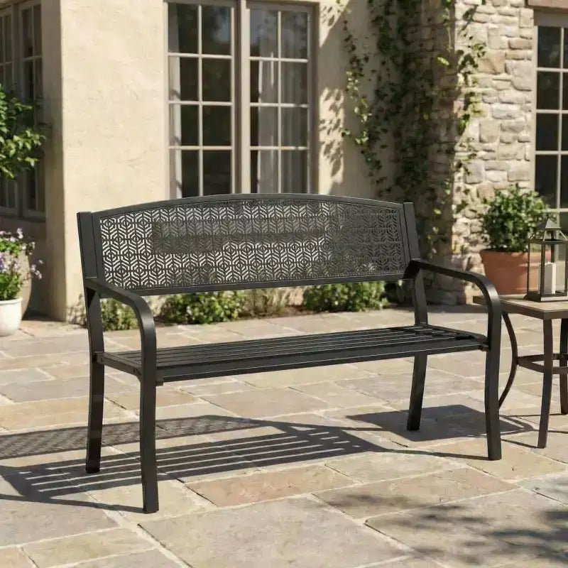 2-persoons metalen tuinbank voor in de tuin, stalen meubilair met geometrische rugleuning voor terras, tuin & veranda