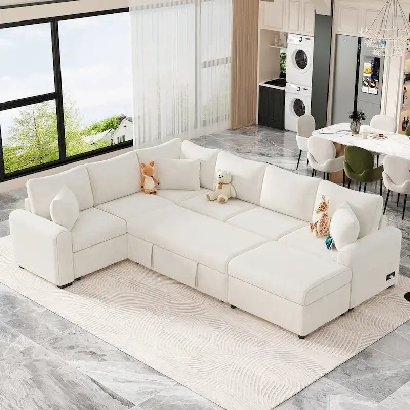Chenille Sectional Sofa Pull-out Sofa Bed, L-Shape Sleeper Sofa with Storage Ottoman, 3 Pillows and Charging Devices