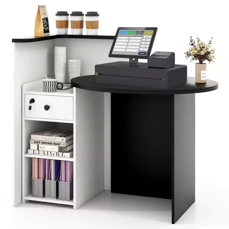 Costway Front Reception Counter Desk Checkout Office Desk with Open Shelf & Lockable Drawer White/Brown/Black