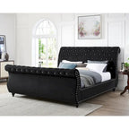 Black Velvet Crystal Button-tufted Sleigh Bed