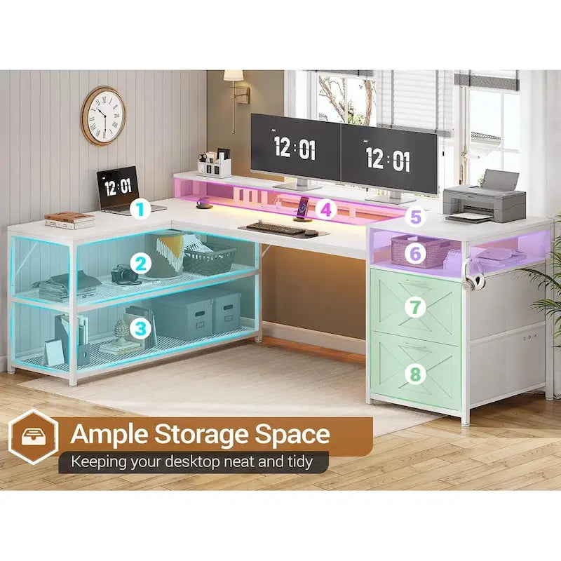 67 L Gaming Shaped Desk Storage Shelves Power Outlet 2 Drawers