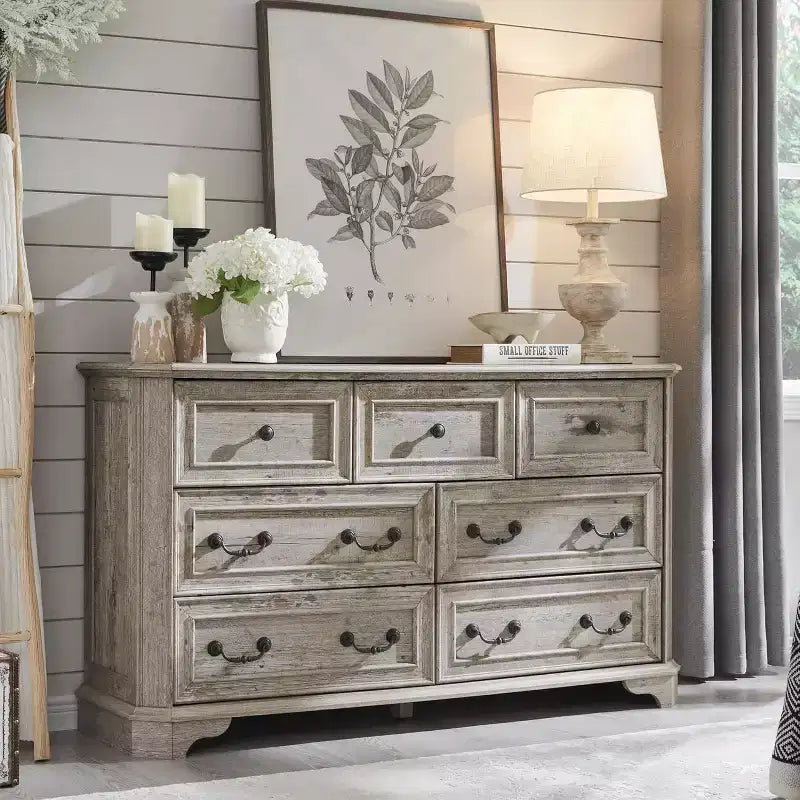 54-inch ladekast met 7 lades voor de slaapkamer, vintage rustieke brede ladekast voor de woonkamer en hal