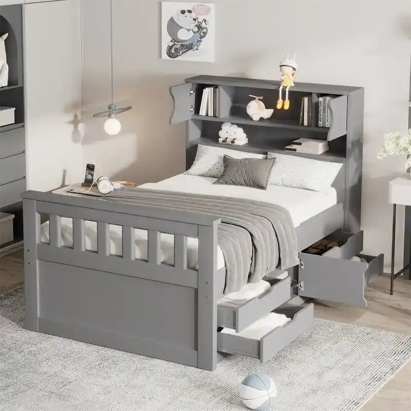 Twin/Full-size kapiteinsbed met platform, 4 lades en opbergplanken, massief houten bedframe met hoofdeinde inclusief boekenplanken