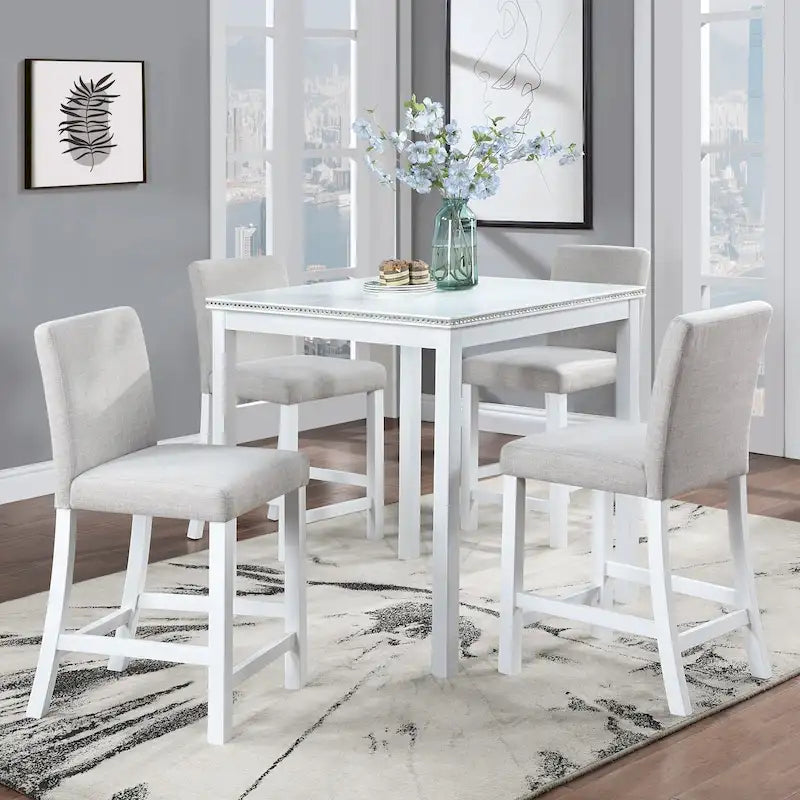 Moderne 5-delige eetkamerset met vierkante bartafel & 4 gestoffeerde stoelen