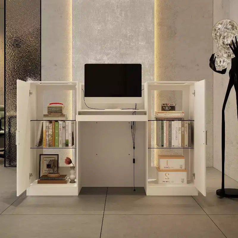 Famapy White Reception Desk Counter Table with Glass Display Shelves and LED