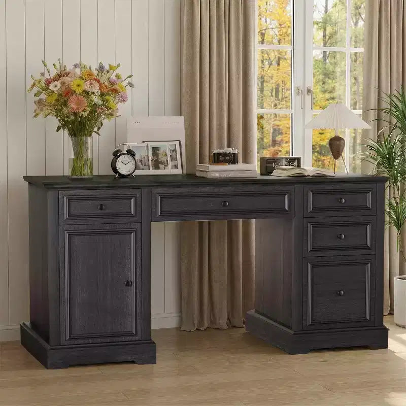 60 inch boerenstijl directiebureau voor thuiskantoor - Houten schrijftafel met lades, kastopslag, rustiek bureau voor werk en studie