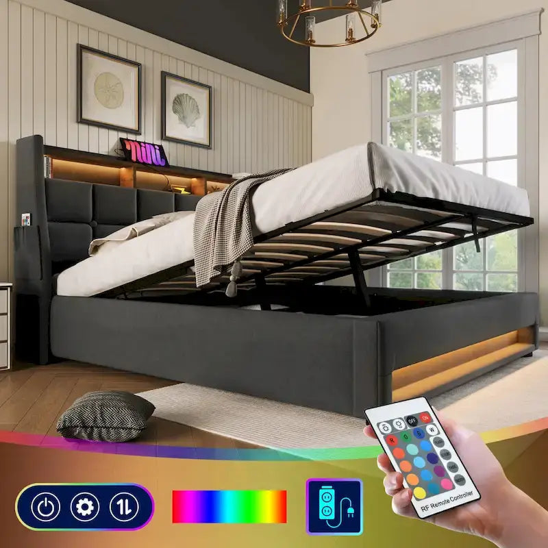 Grey Full Size Upholstered Platform Bed with Hydraulic Storage, LED, and USB Charging