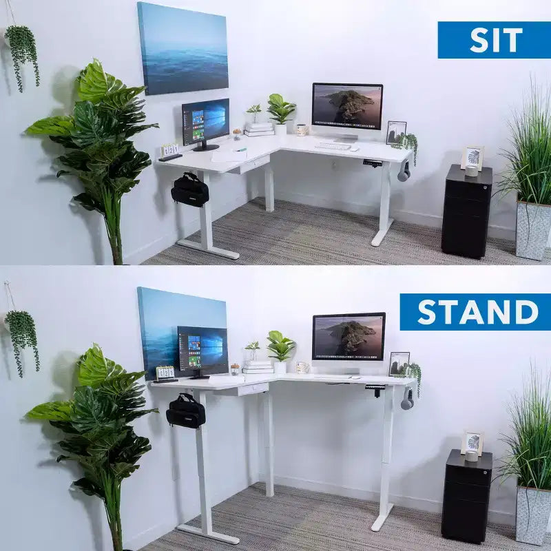 Mount-It! Large Electric Height Adjustable Desk for Corners, Automatic Standing Desk with Smooth Ergonomic Height Adjustment, Steel Frame, White