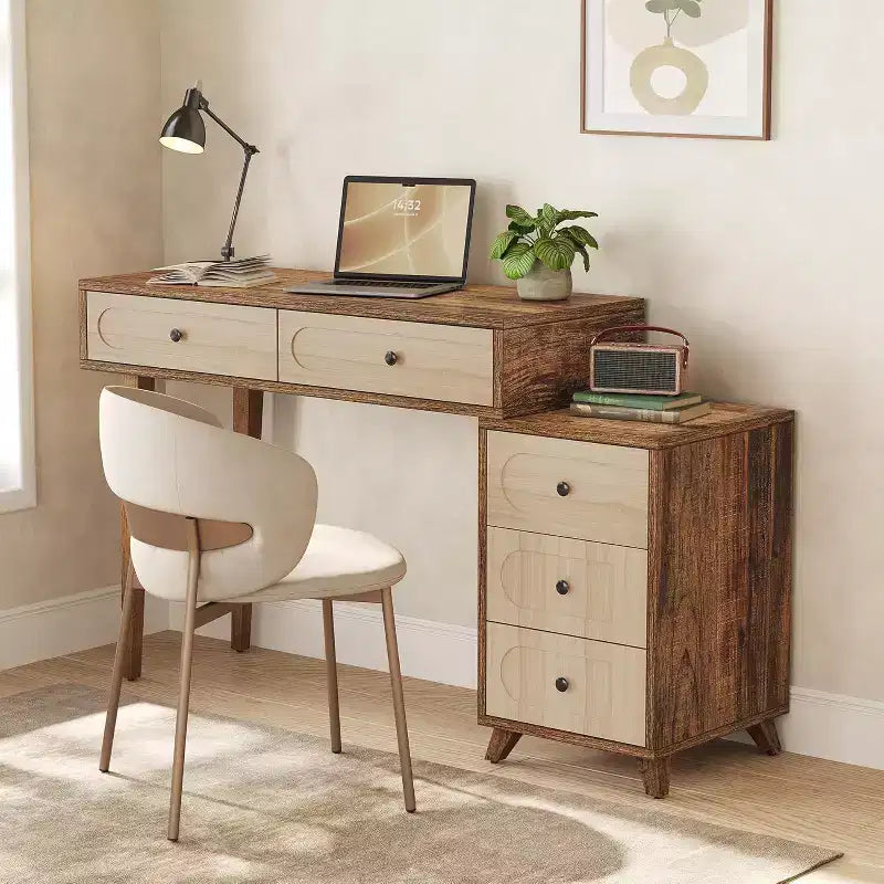 Lantine bureau van 99 cm met 5 lades en uitschuifbare kast, klein uitbreidbaar computertafel en kaptafel voor kleine ruimtes, bruin
