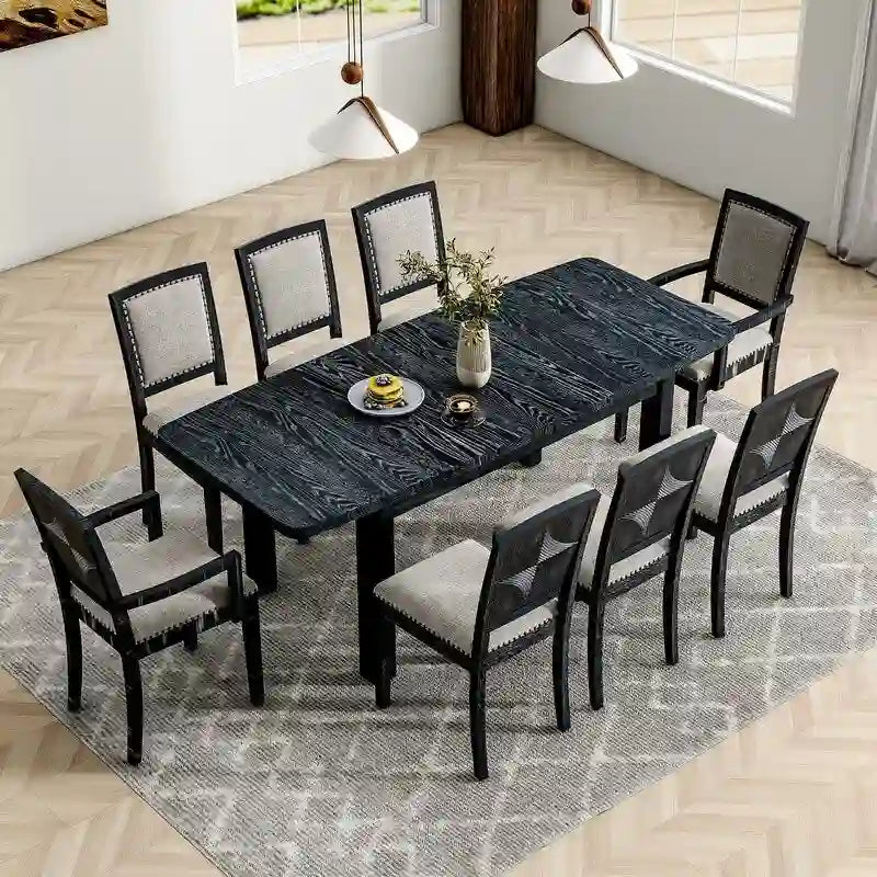9-delige eetkamerset met uitbreidbare tafel en 24 inch uitneembare tafelbladverlenging, 6 gestoffeerde eetkamerstoelen zonder armleuningen en 2 gestoffeerde fauteuils