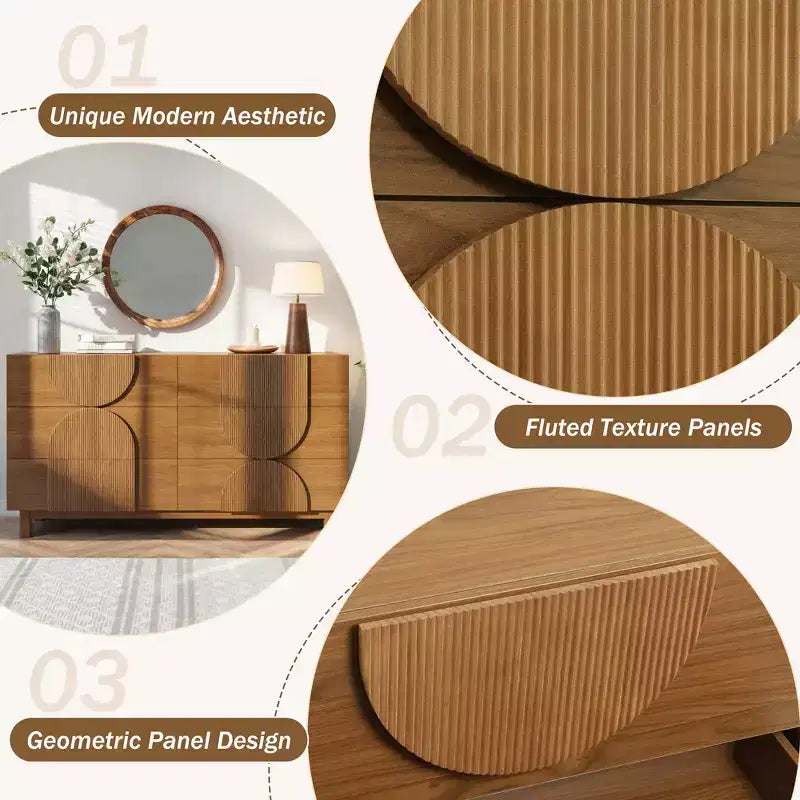 Moderne geometrische ladekast met 6 lades, brede opbergkast met halve cirkelaccenten voor slaapkamer en woonkamer