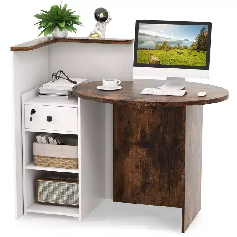 Costway Front Reception Counter Desk Checkout Office Desk with Open Shelf & Lockable Drawer White/Brown/Black