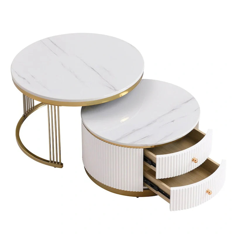 2-delige witte ronde koffietafelset met lades