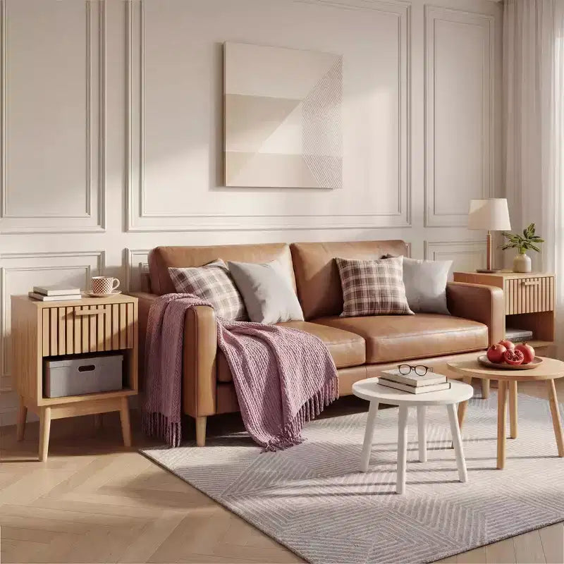 Set van 2 boho-nachtkastjes met gestreepte lade en open plank, compact houten nachtkastje, kleine bijzettafel voor slaapkamer en woonkamer