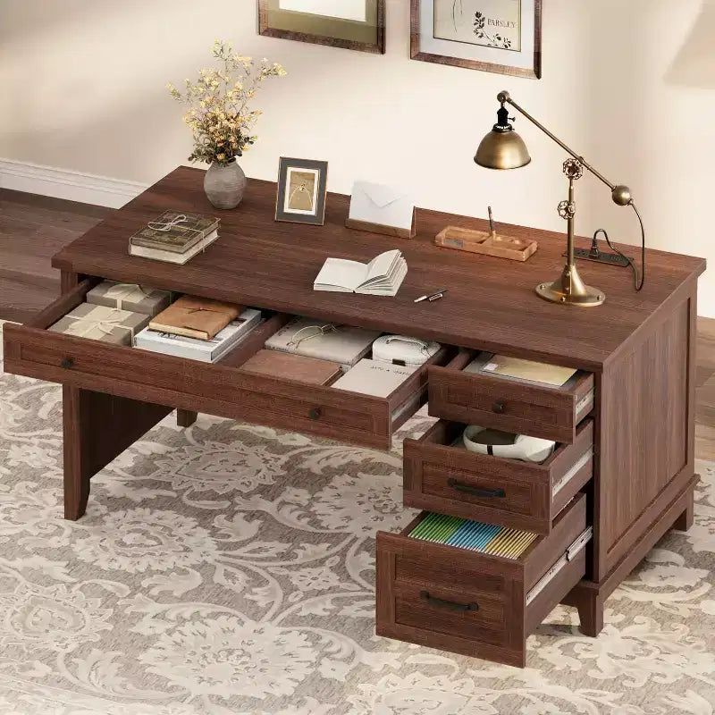 Farmhouse Home Office Desk with Charging Station and File Cabinet, 53.5 in