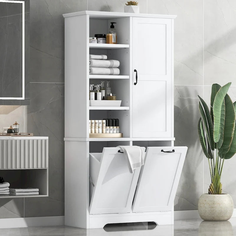 Bathroom Storage Cabinet with Drawers, Tilt-Out Laundry Hamper, Multiple Storage Space, Open Shelve, Adjustable Shelf