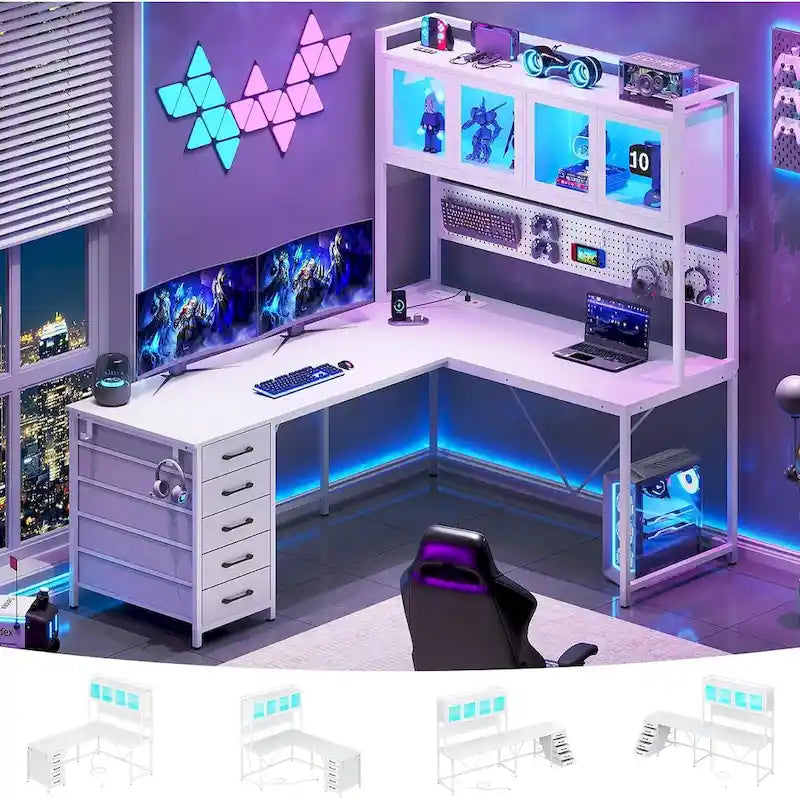 L Shaped Gaming Desk Computer Desk Pegboard 5 Drawers Storage Shelf