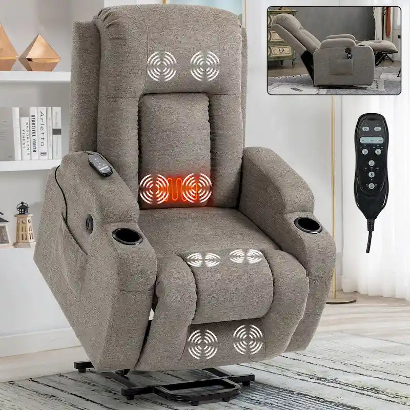 Power Lift Recliner Chair, Modern Single Motor Massage Sofa Chair with Lumbar Heating, USB Charging Port, Cup Holders