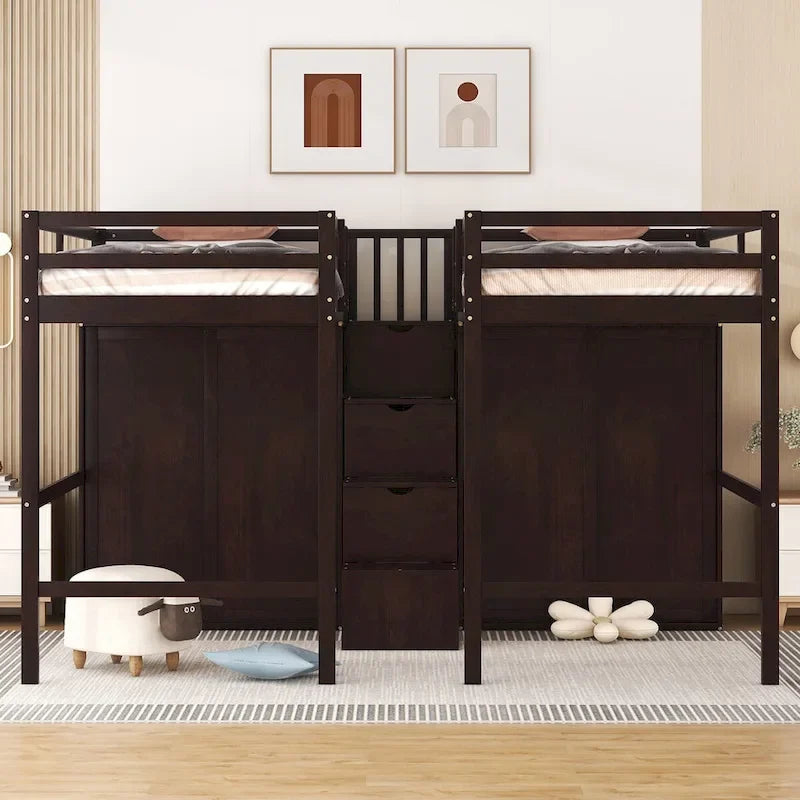 Double Twin Loft Beds with Wardrobes and Staircase