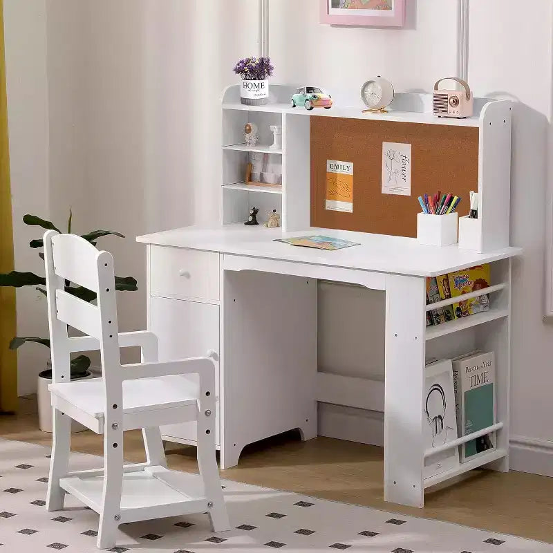Kinderbureau, studie-bureauset met stoel voor jongens en meisjes, houten schrijftafel voor kinderen met boekenplank, prikbord, kastje en lade voor kinderen van 3-8 jaar