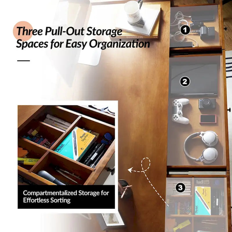 Mid-century Office Desk with Drawer Divider&Cable Management&Charging Station