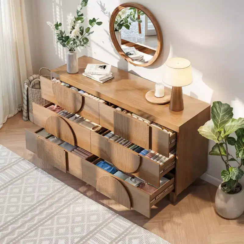 Moderne geometrische ladekast met 6 lades, brede opbergkast met halve cirkelaccenten voor slaapkamer en woonkamer