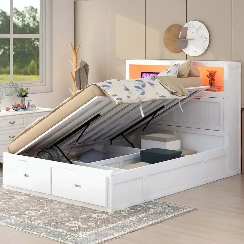 Wood Queen Size Hydraulic Platform Bed with Storage LED Headboard