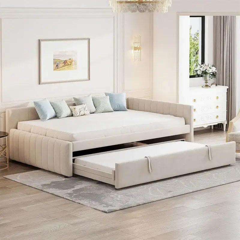 Upholstered Daybed with Twin Size Pop Up Trundle, Full Size Daybed Frame Sofa Bed with L-Shaped Backrest and Striped Design