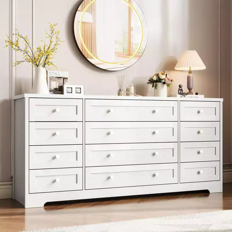 12-ladige ladekast voor slaapkamer, modern breed tv-meubel voor 65 inch tv, houten commode, landelijke kledingkast voor woonkamer