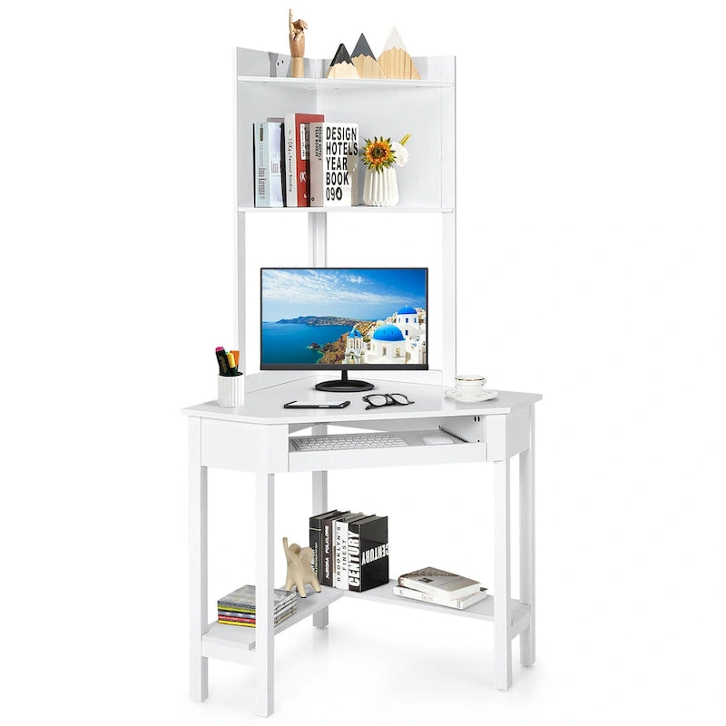 Hoekbureau met bovenkast Driehoekig hoekcomputerbureau met boekenkasten