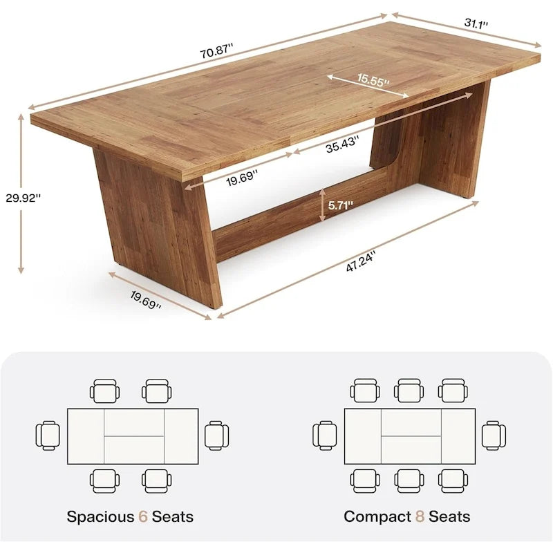 Landelijke eettafel van 71 inch voor 6-8 personen met massieve voetstukonderstel