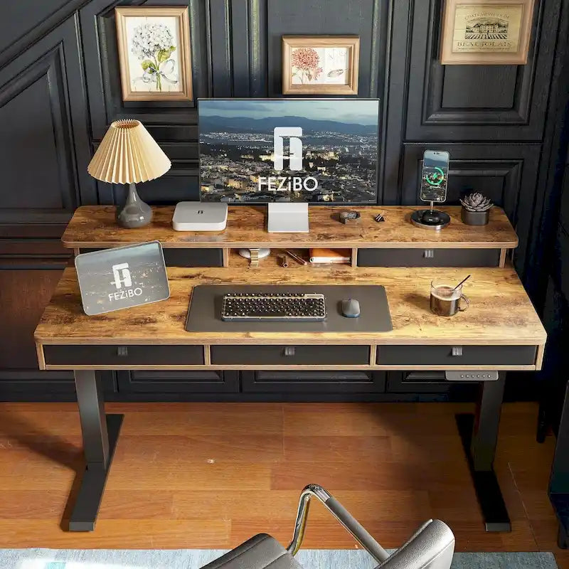 FEZIBO Height Adjustable Electric Standing Desk with 5 Drawers, Table with Storage Shelf, Sit Stand Desk